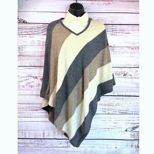 Cashmere Hand Made in Nepal Striped V Neck Poncho Cover Up Neutral Minimalist